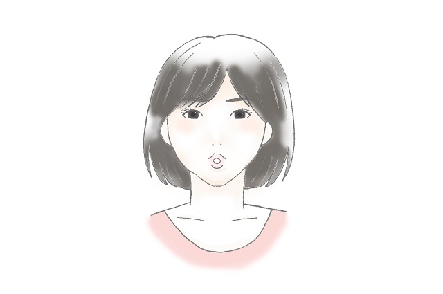 口を前に突き出し、頬をすぼめながら「う」と発声します。