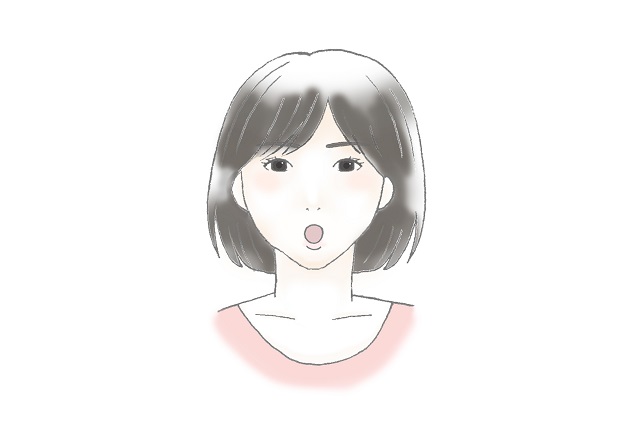 口を前に突き出した状態で「お」と発声します。