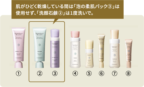 肌がひどく乾燥している間は「泡の柔肌パックB」は使用せず、「洗顔石鹸A」は1度洗いで。