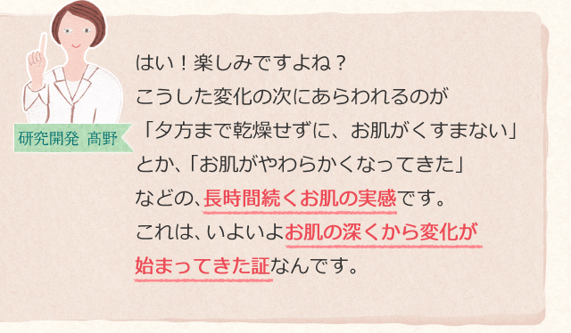 はい!楽しみですよね?こうした変化の次にあらわれるのが「夕方まで乾燥せずに、お肌がくすまない」とか、「お肌がやわらかくなってきた」などの、長時間続くお肌の実感です。これは、いよいよお肌の深くから変化が始まってきた証なんです。