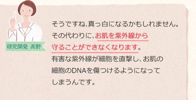 そうですね、真っ白になるかもしれません。その代わりに、お肌を紫外線から守ることができなくなります。有害な紫外線が細胞を直撃し、お肌の細胞のDNAを傷つけるようになってしまうんです。