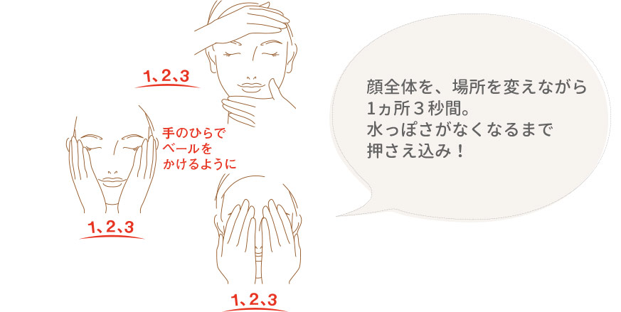 顔全体を、場所を変えながら1ヵ所3秒間。水っぽさがなくなるまで押さえ込み!