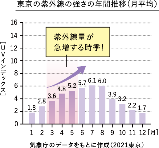 東京の紫外線の強さの年間推移（月平均)