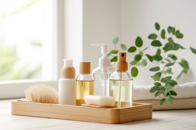 木製トレーに並べられたスキンケアボトル