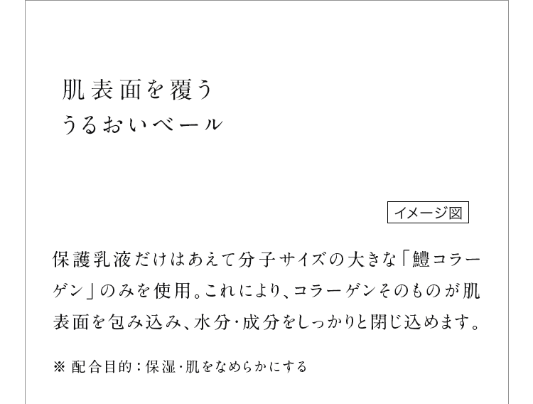 ���\�ʂ𕢂����邨���x�[�� �ی���t�����͂����ĕ��q�T�C�Y�̑傫�ȁu��R���[�Q���v�݂̂��g�p�B ����ɂ��A �R���[�Q�����̂��̂����\�ʂ��ݍ��݁A�����E��������������ƕ����߂܂��B �z���ړI�F�ێ��E�����Ȃ߂炩�ɂ���