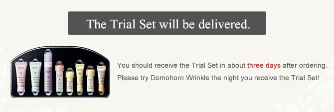 The Trial Set will be delivered. You should receive the Trial Set in about three days after ordering. Please try Domohorn Wrinkle the night you receive the Trial Set!