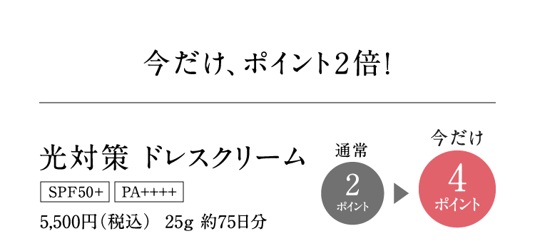 �������A�|�C���g2�{�I ���΍� �h���X�N���[�� SPF50+ PA++++ 5,500�~(�ō�) 25g ��75���� �ʏ�2�|�C���g ������4�|�C���g