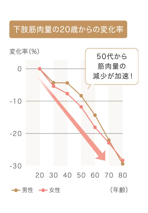 下肢筋肉量の20歳からの変化率グラフ・50代からの筋肉量の現象が増加